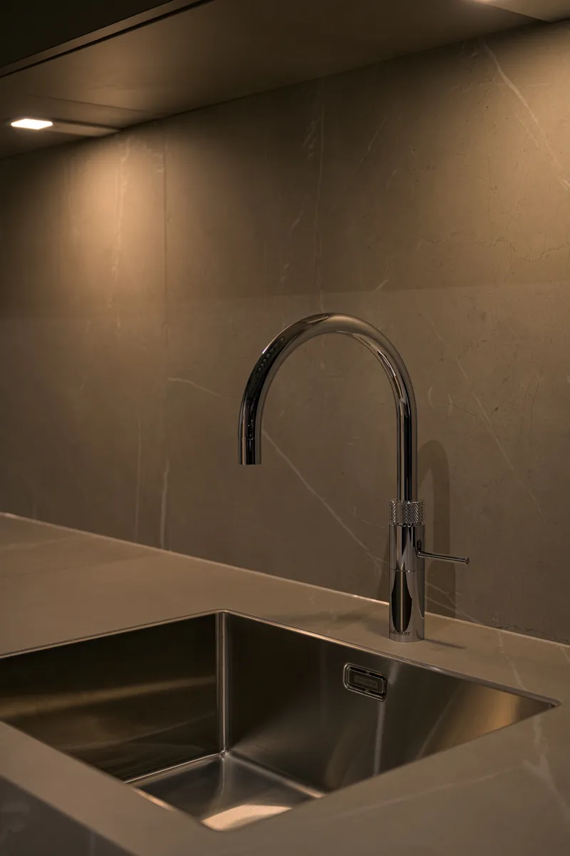 Opgedikte rand van het Marble Beige keramieken werkblad
